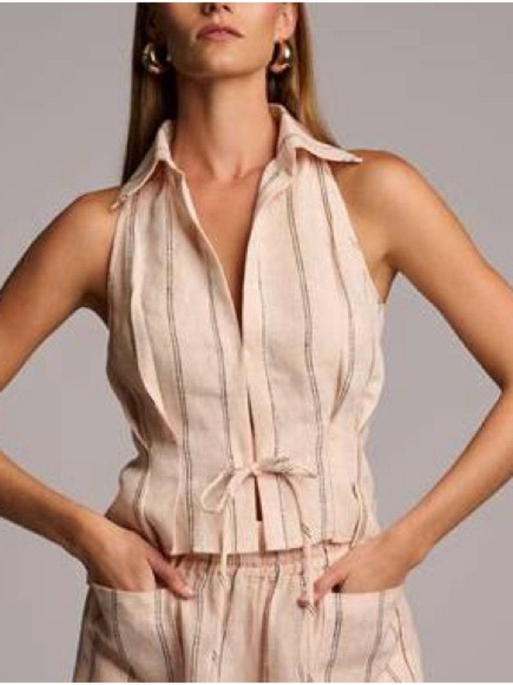 HEVRON 100% Linen Blush Pink Black Stripe Matching Set Size M